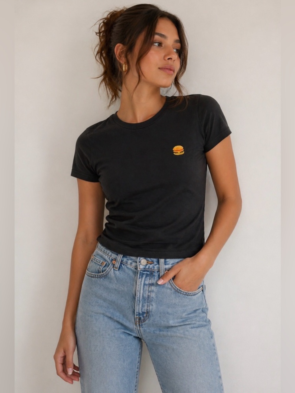 Aritzia Sunday Best Black Embroidered Burger Graphic Tee XS Fitted T-Shirt